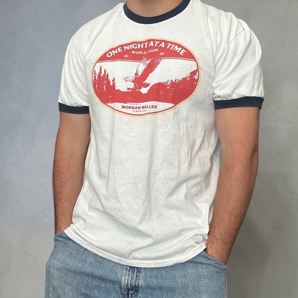 Morgan Wallen One Night At A Time World Tour Ringer Tee White Blue Size Large